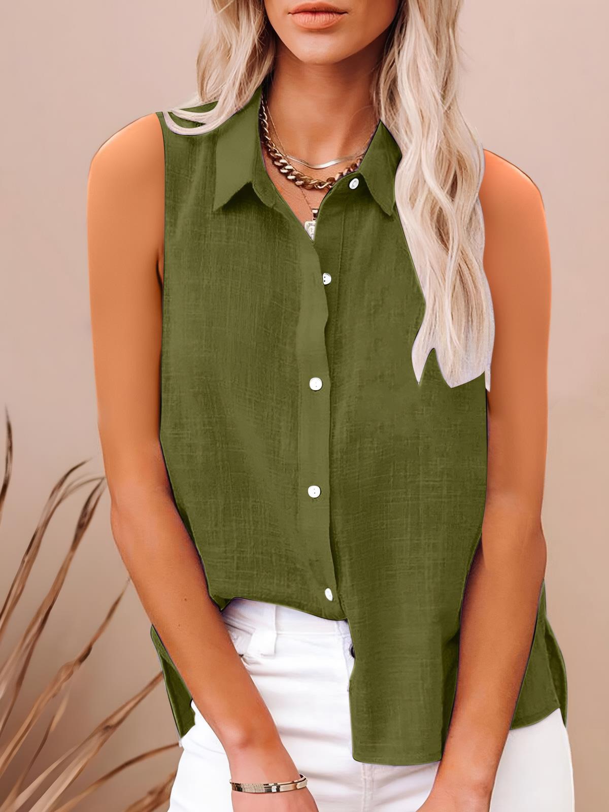 Women's Buttoned Sleeveless Shirt with Chic Patchwork Design