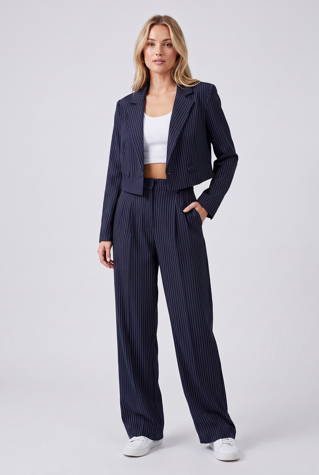 Women's Casual Striped Suit Set with Cropped Top and Pants