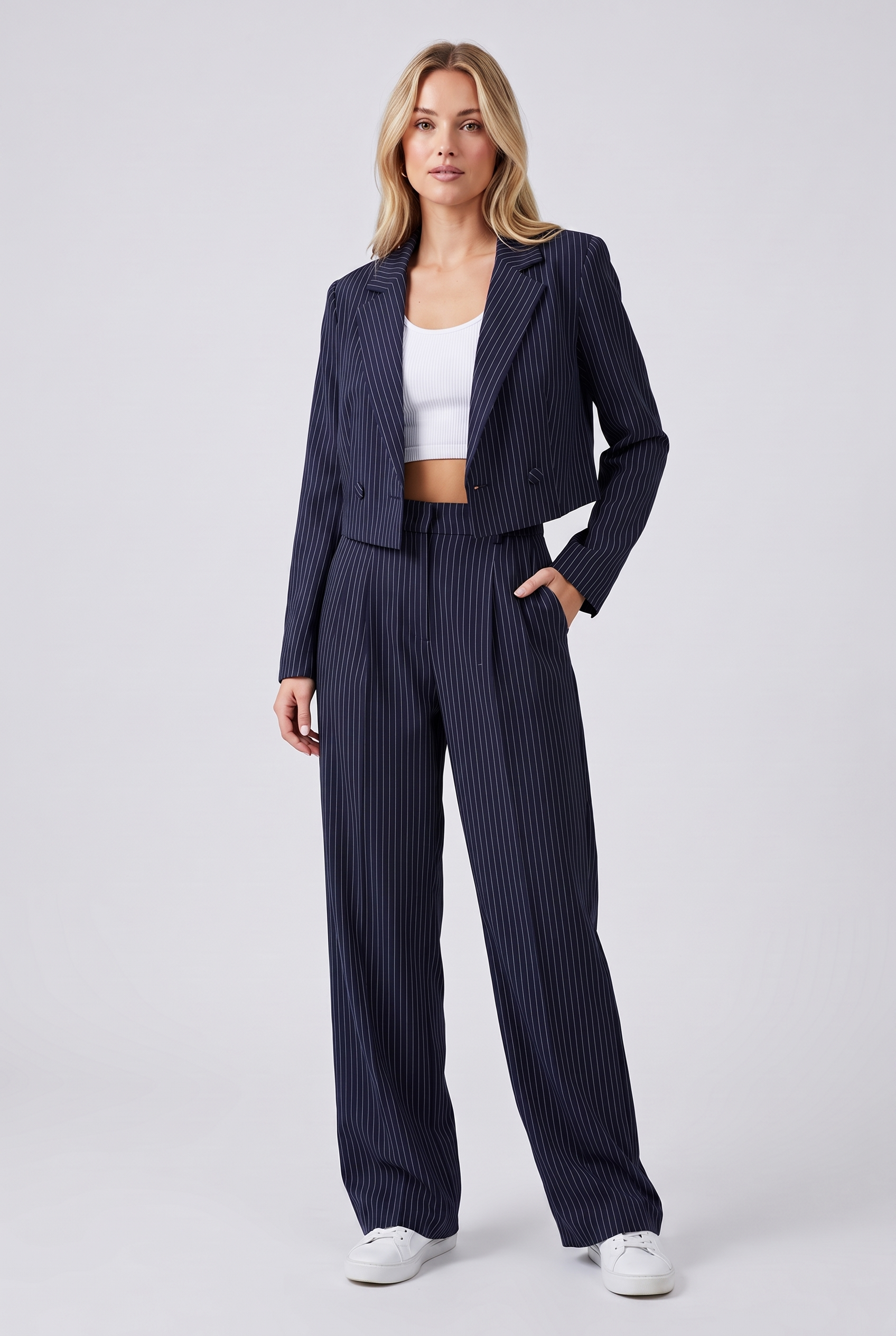 Women's Casual Striped Suit Set with Cropped Top and Pants