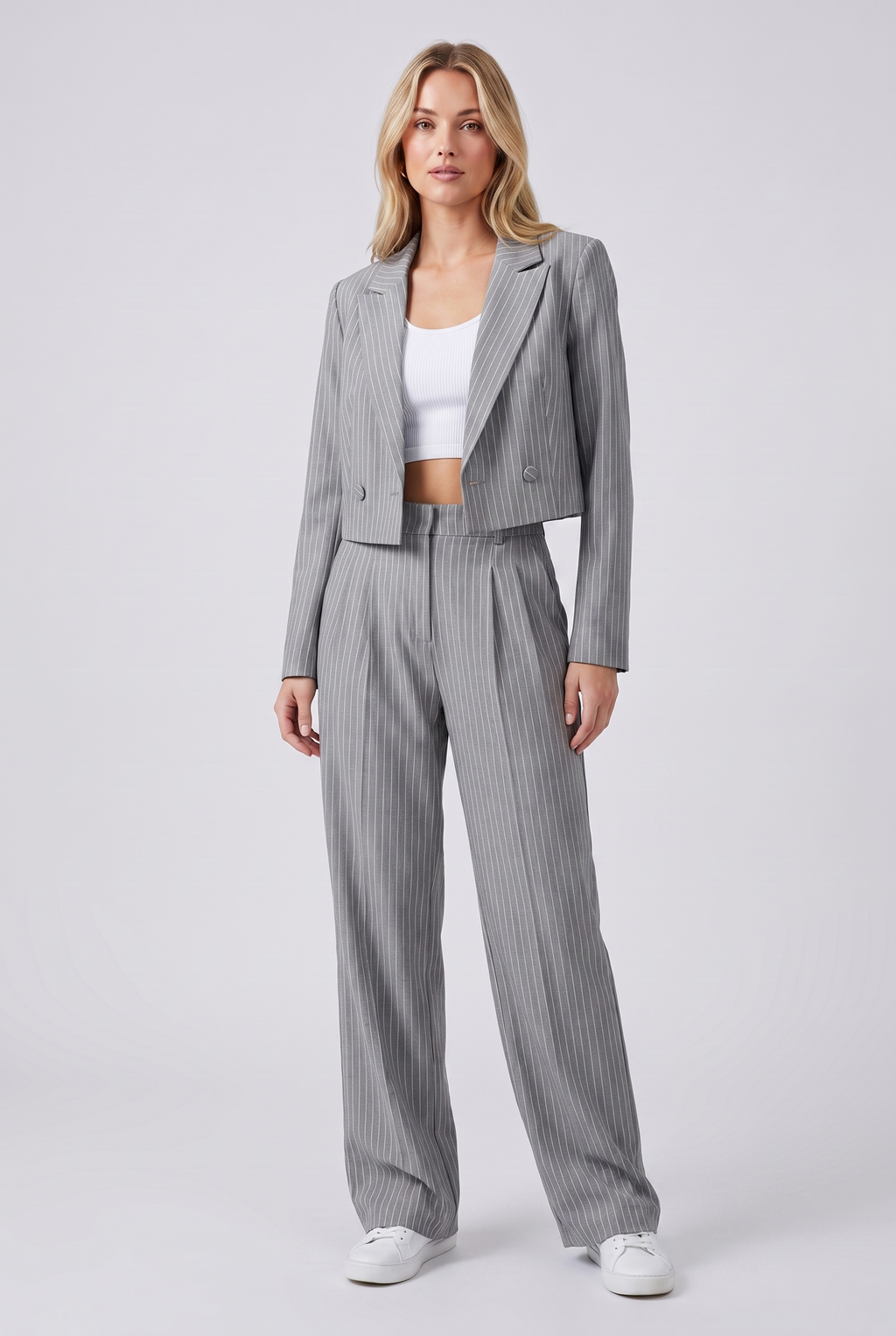Women's Casual Striped Suit Set with Cropped Top and Pants