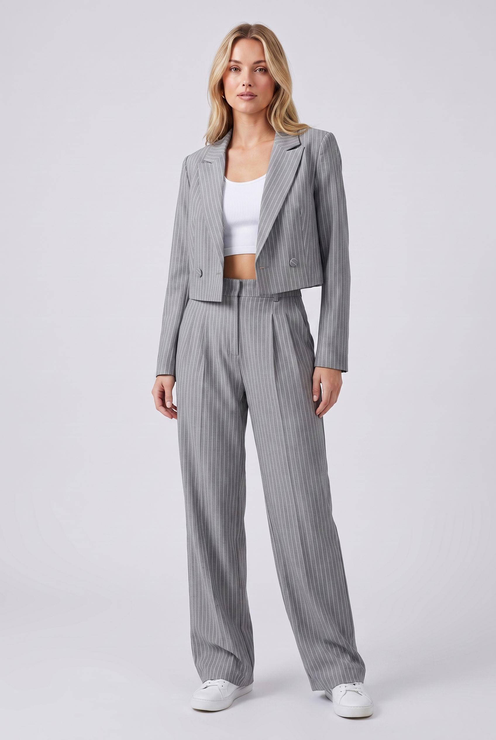 Women's Casual Striped Suit Set with Cropped Top and Pants