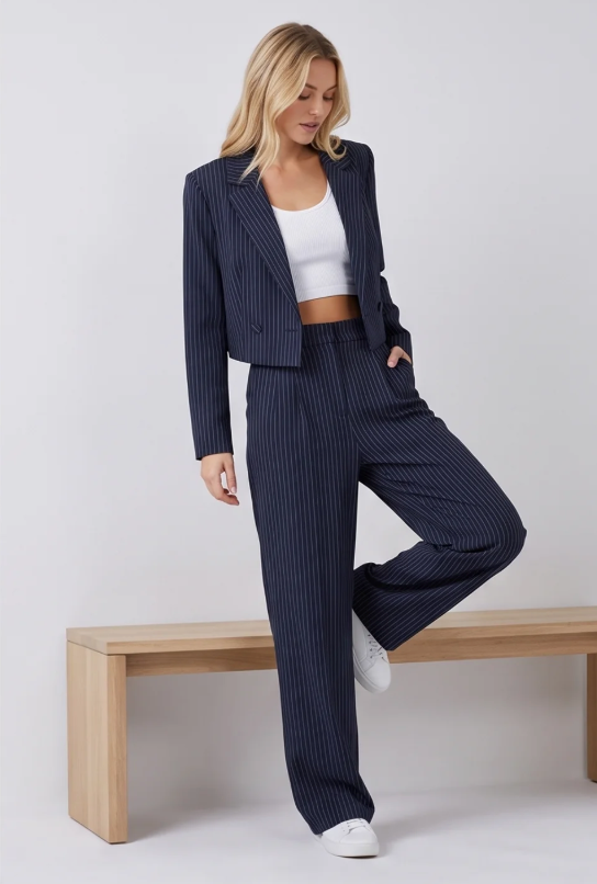 Women's Casual Striped Suit Set with Cropped Top and Pants