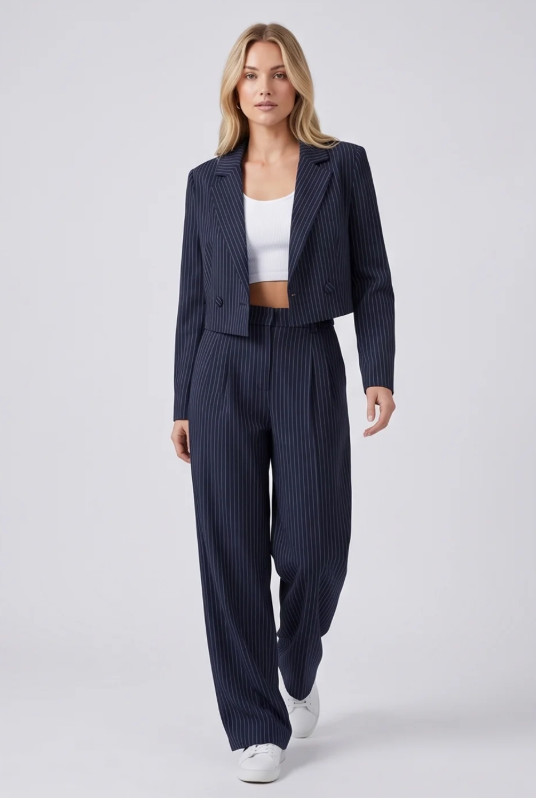 Women's Casual Striped Suit Set with Cropped Top and Pants