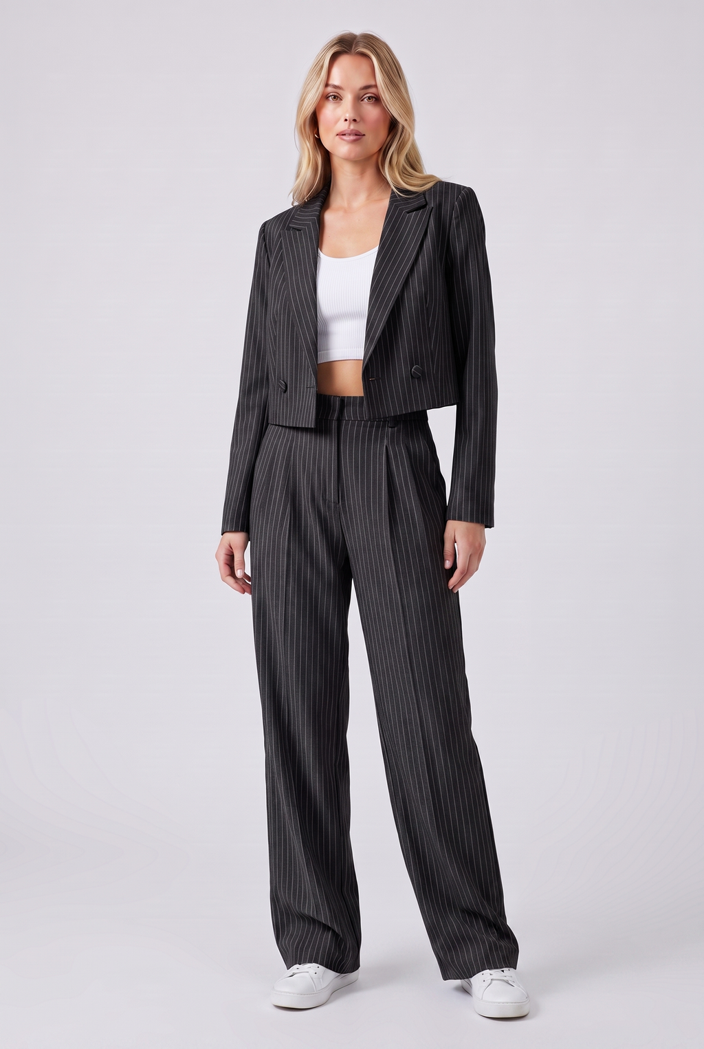 Women's Casual Striped Suit Set with Cropped Top and Pants
