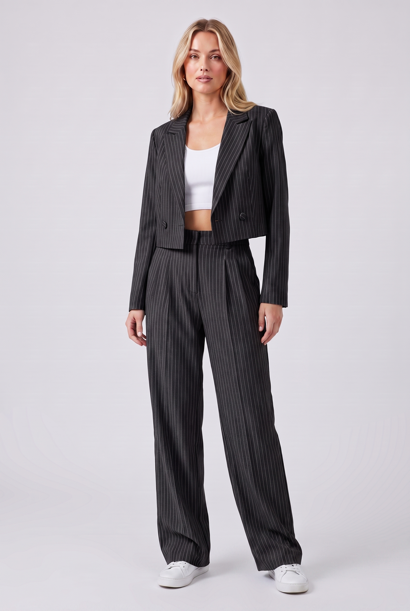 Women's Casual Striped Suit Set with Cropped Top and Pants