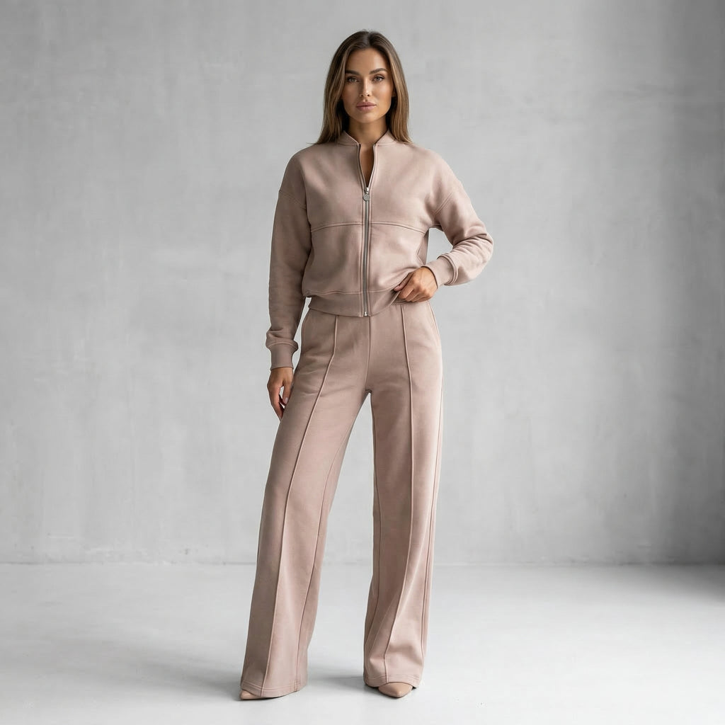 Women's Casual Two Piece Set with Zip Jacket and Wide Leg Pants