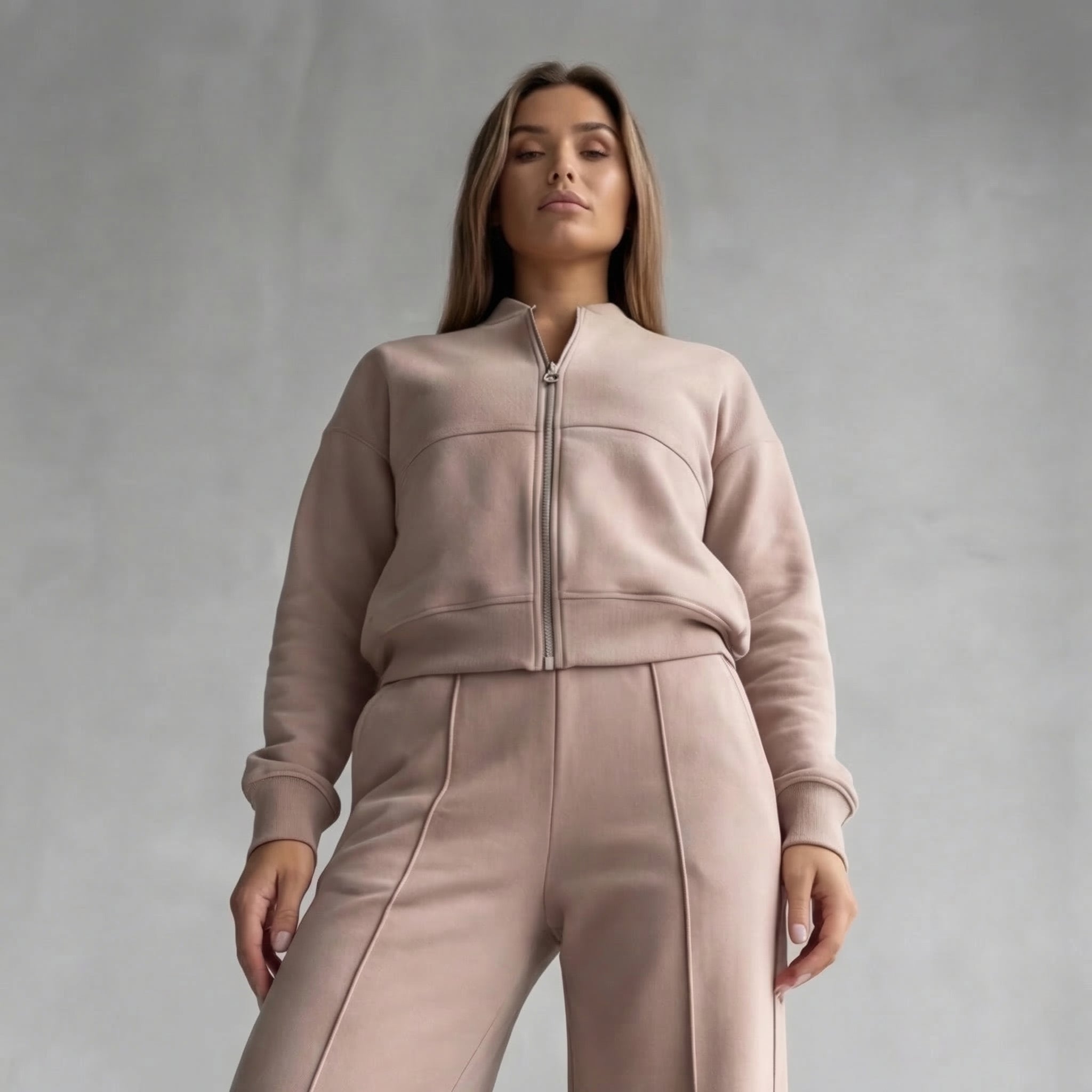 Women's Casual Two Piece Set with Zip Jacket and Wide Leg Pants
