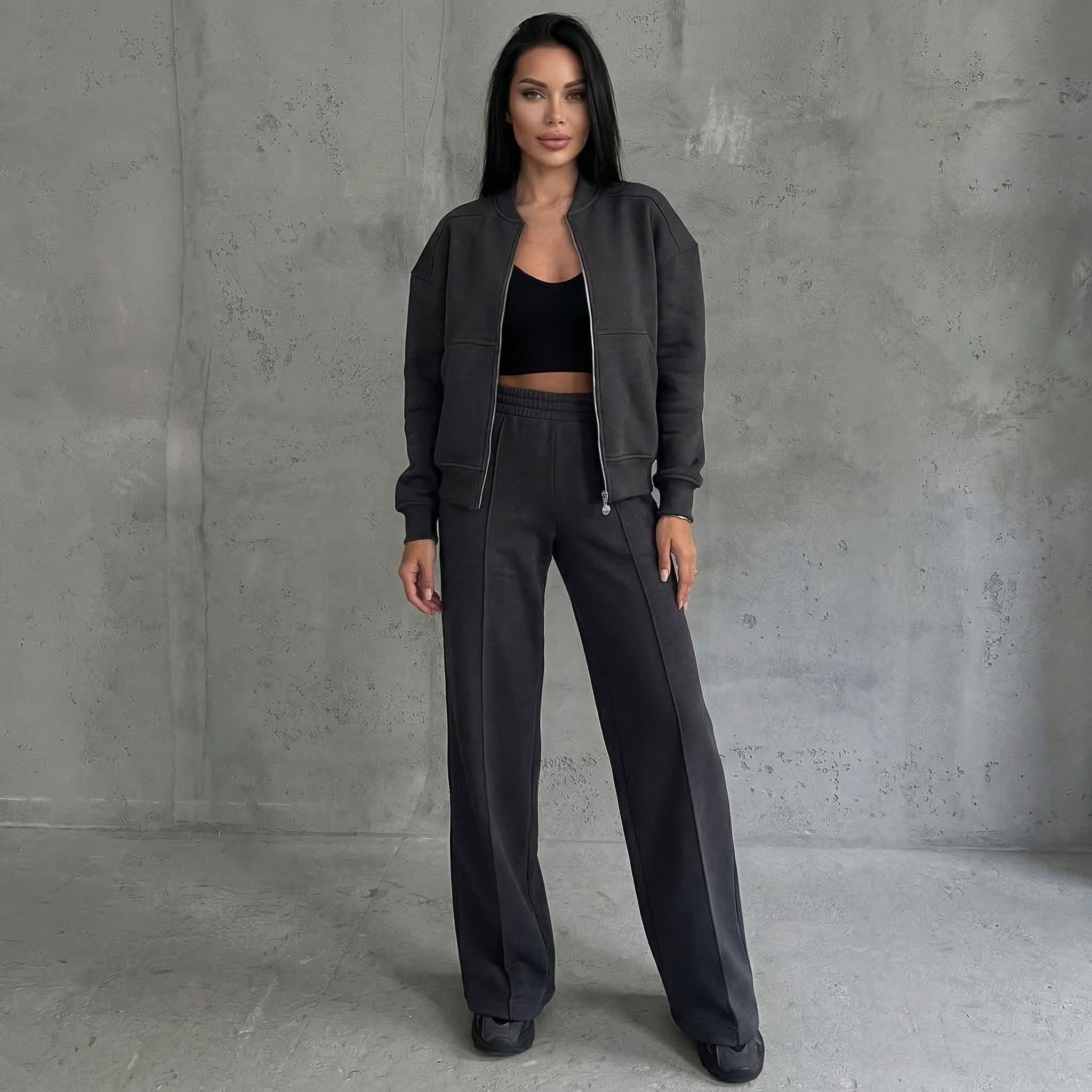 Women's Casual Two Piece Set with Zip Jacket and Wide Leg Pants