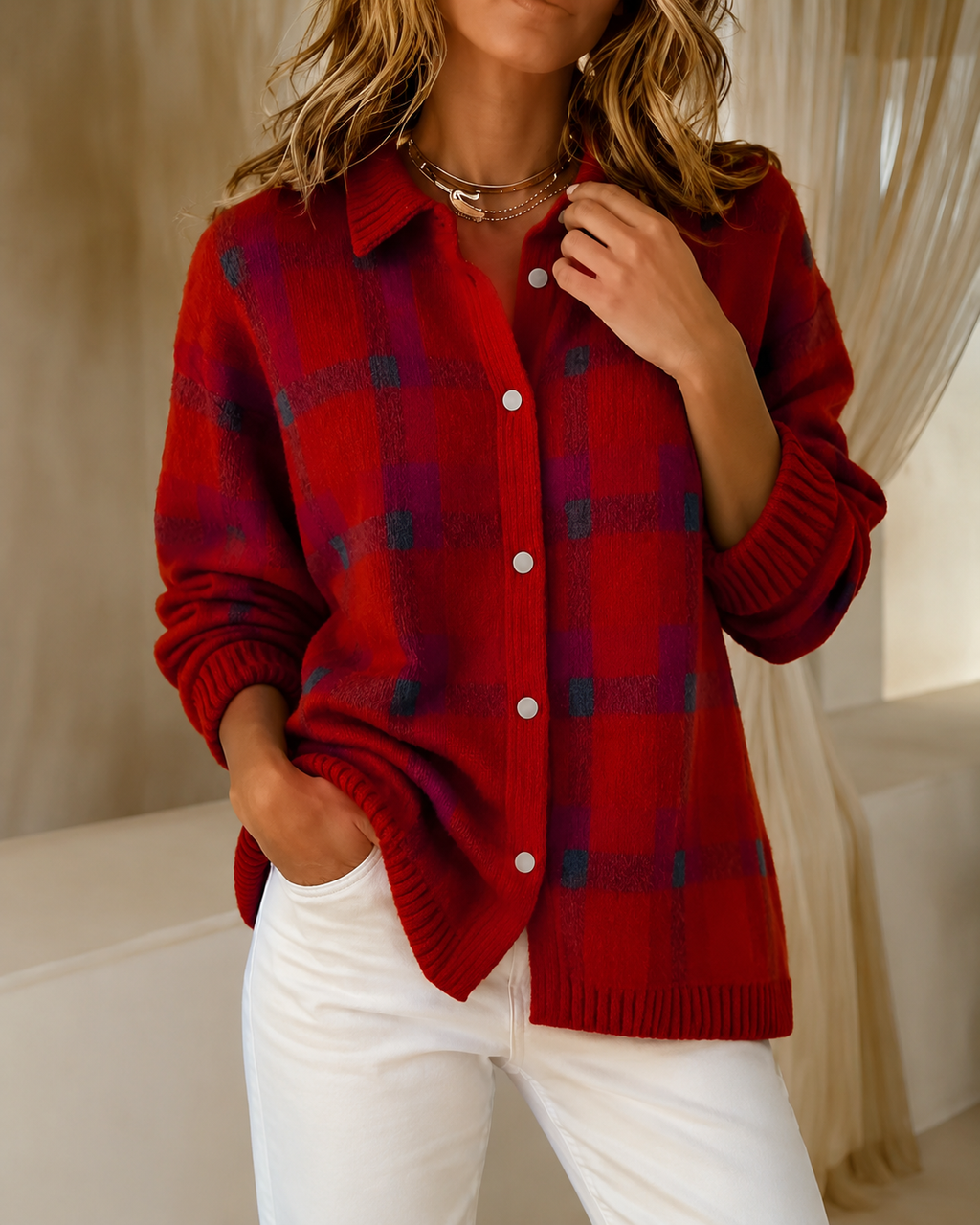 Women's Checked Knitted Cardigan Sweater