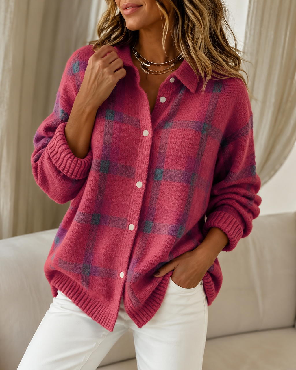 Women's Checked Knitted Cardigan Sweater