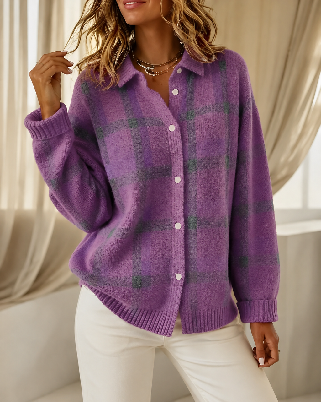 Women's Checked Knitted Cardigan Sweater
