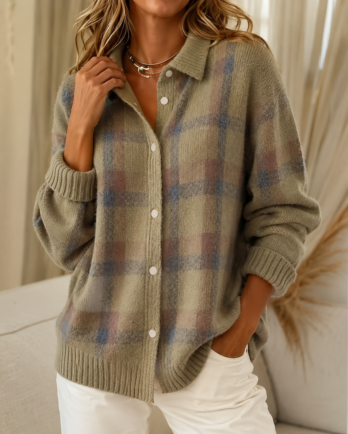 Women's Checked Knitted Cardigan Sweater