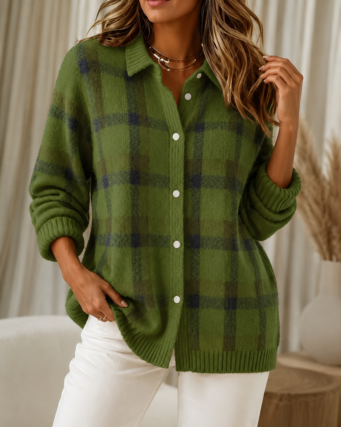 Women's Checked Knitted Cardigan Sweater
