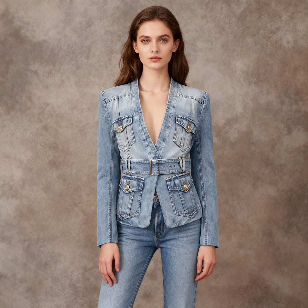 Women's Distressed Denim Blazer with Belt Detail