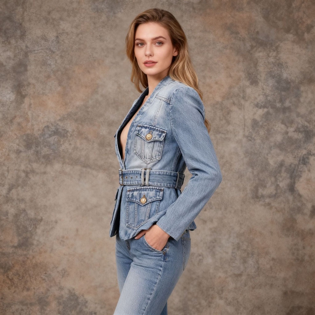 Women's Distressed Denim Blazer with Belt Detail