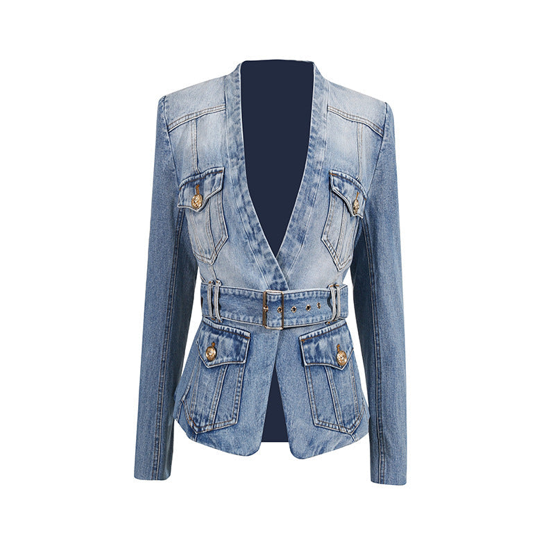 Women's Distressed Denim Blazer with Belt Detail