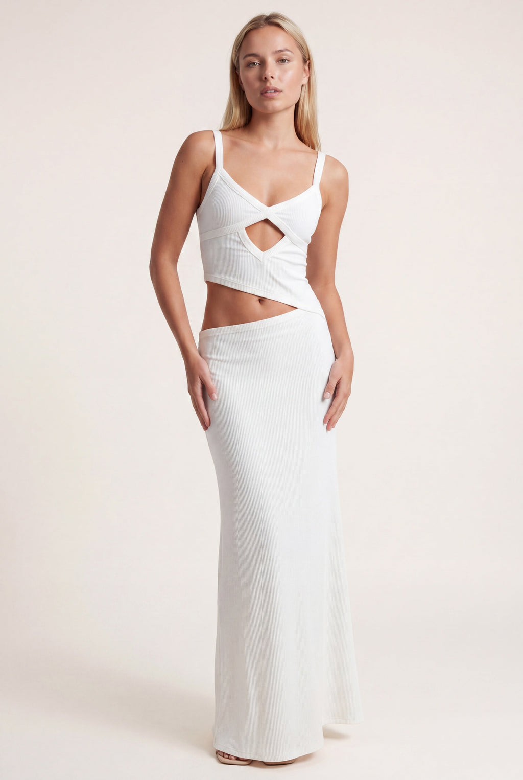 Women's Elegant Maxi Dress with Waist Cutout and Thin Straps