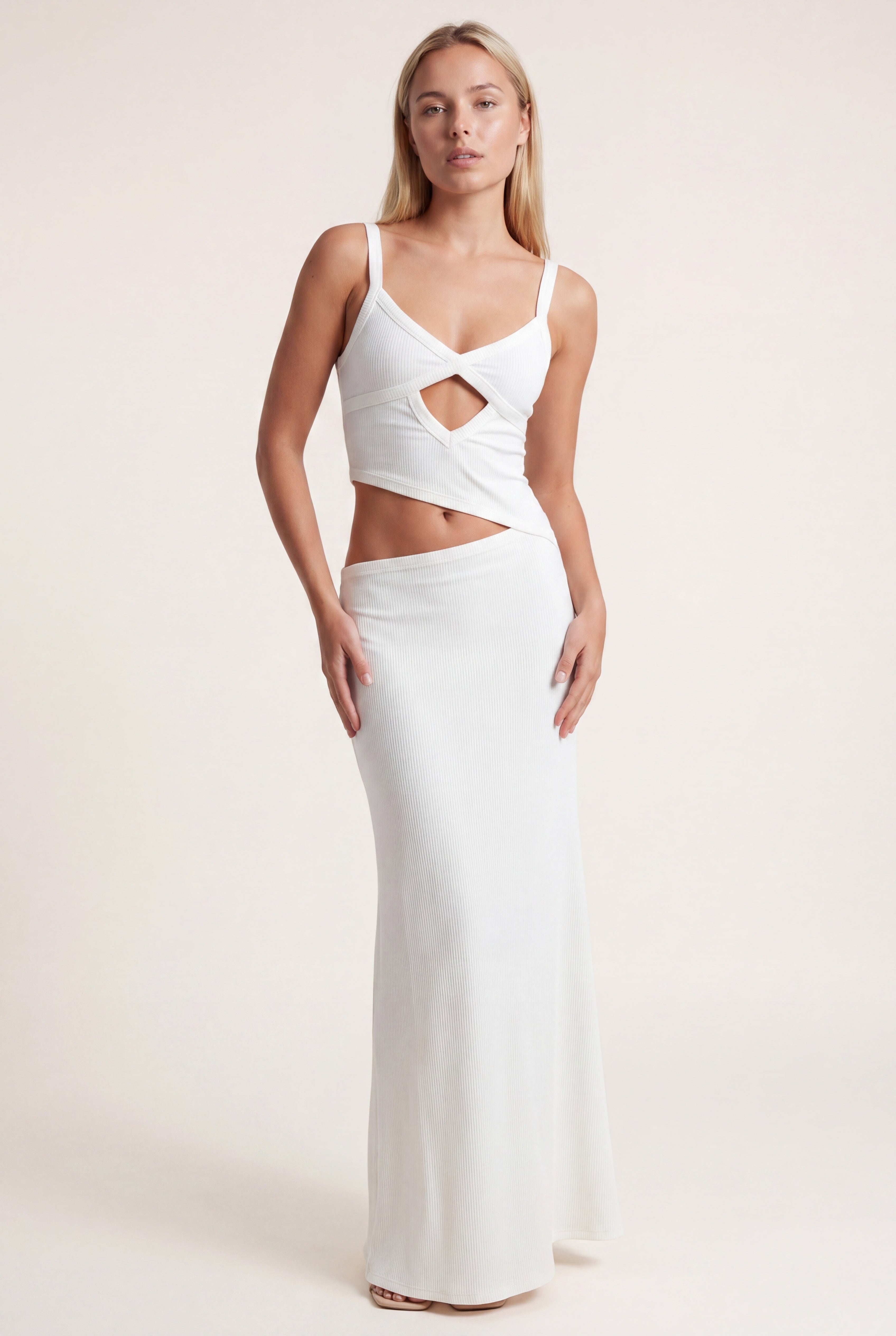 Women's Elegant Maxi Dress with Waist Cutout and Thin Straps