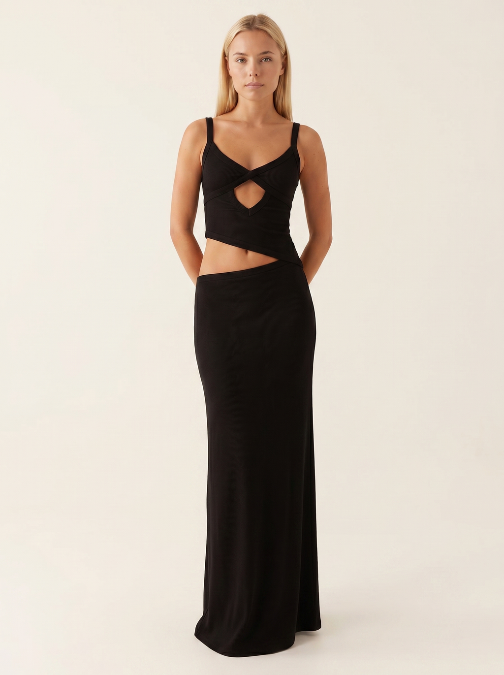Women's Elegant Maxi Dress with Waist Cutout and Thin Straps