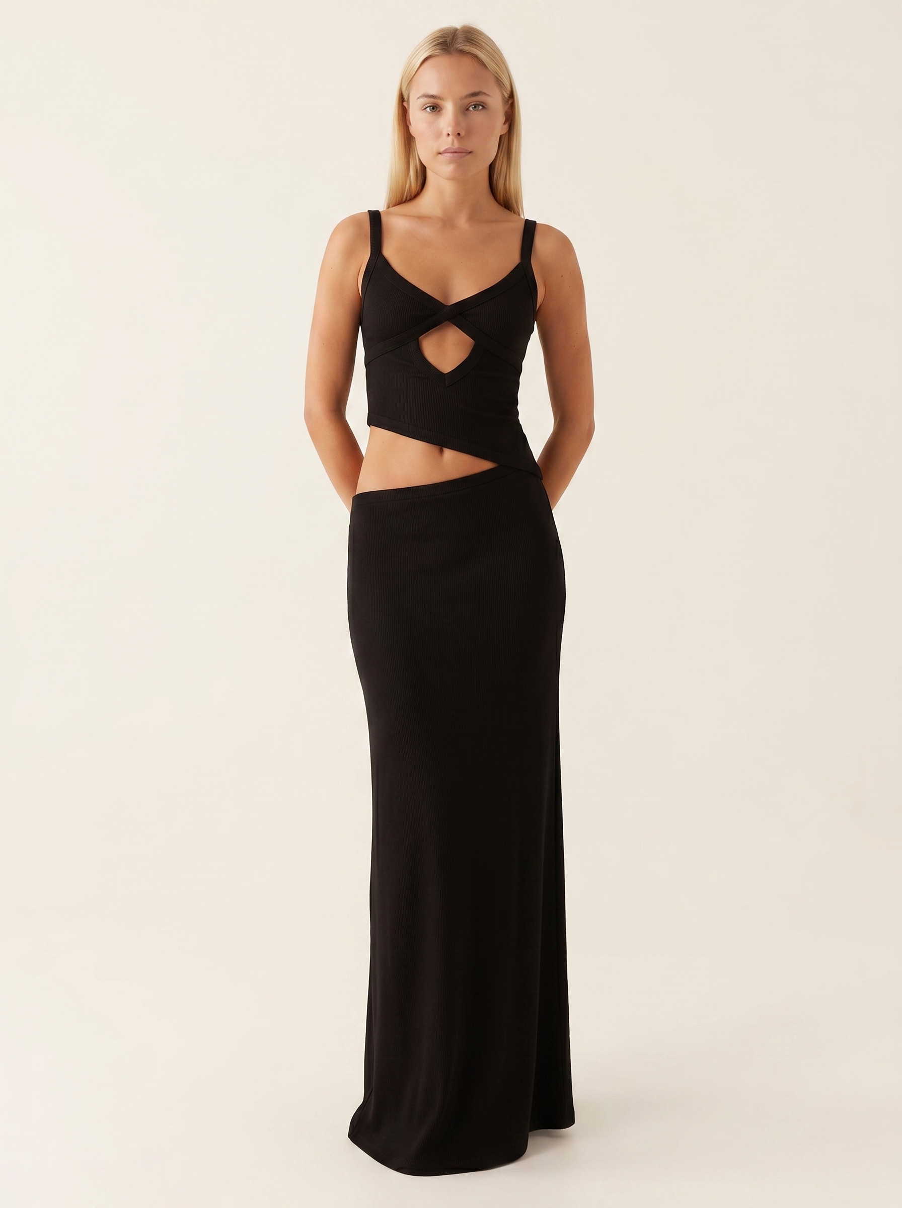 Women's Elegant Maxi Dress with Waist Cutout and Thin Straps