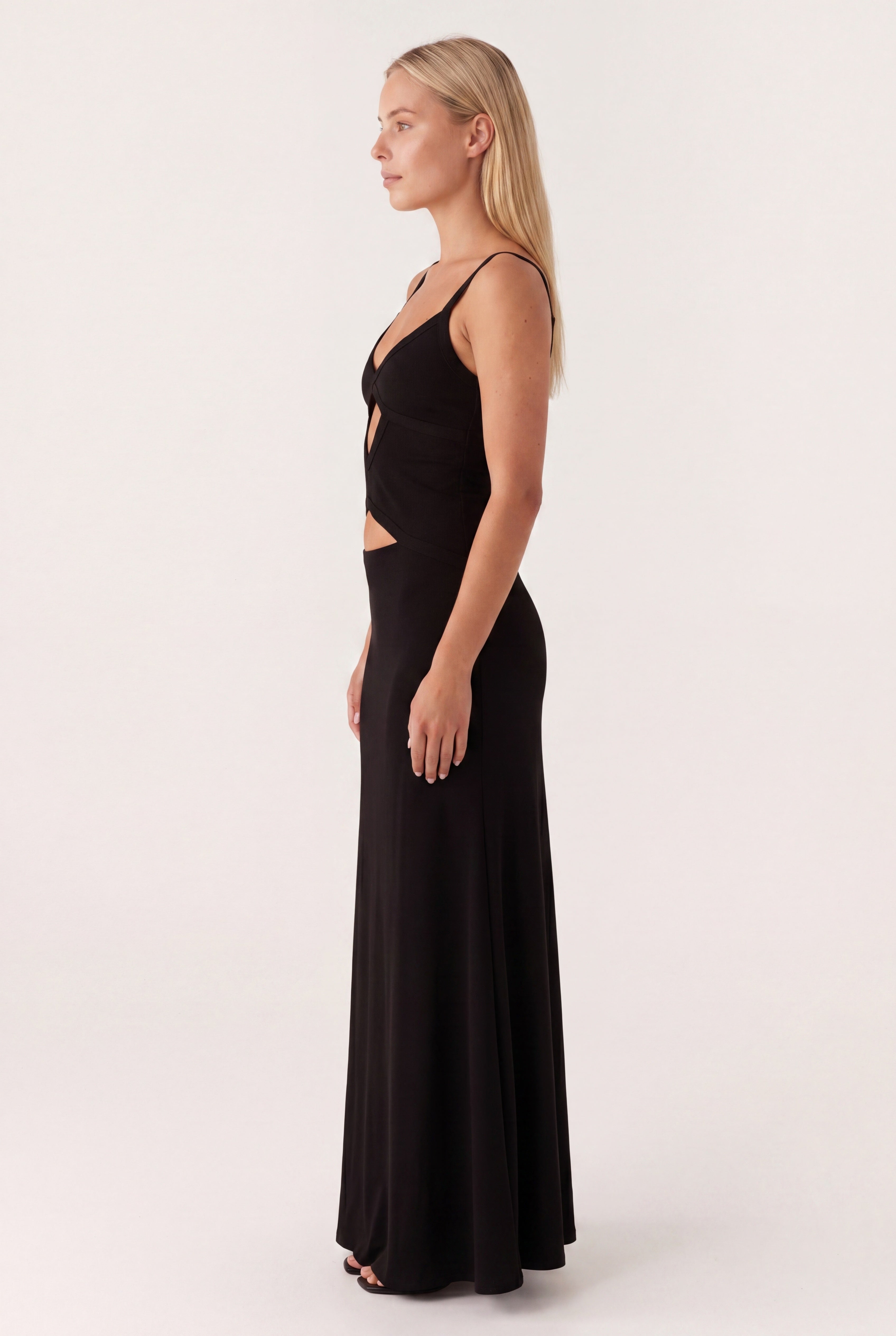 Women's Elegant Maxi Dress with Waist Cutout and Thin Straps