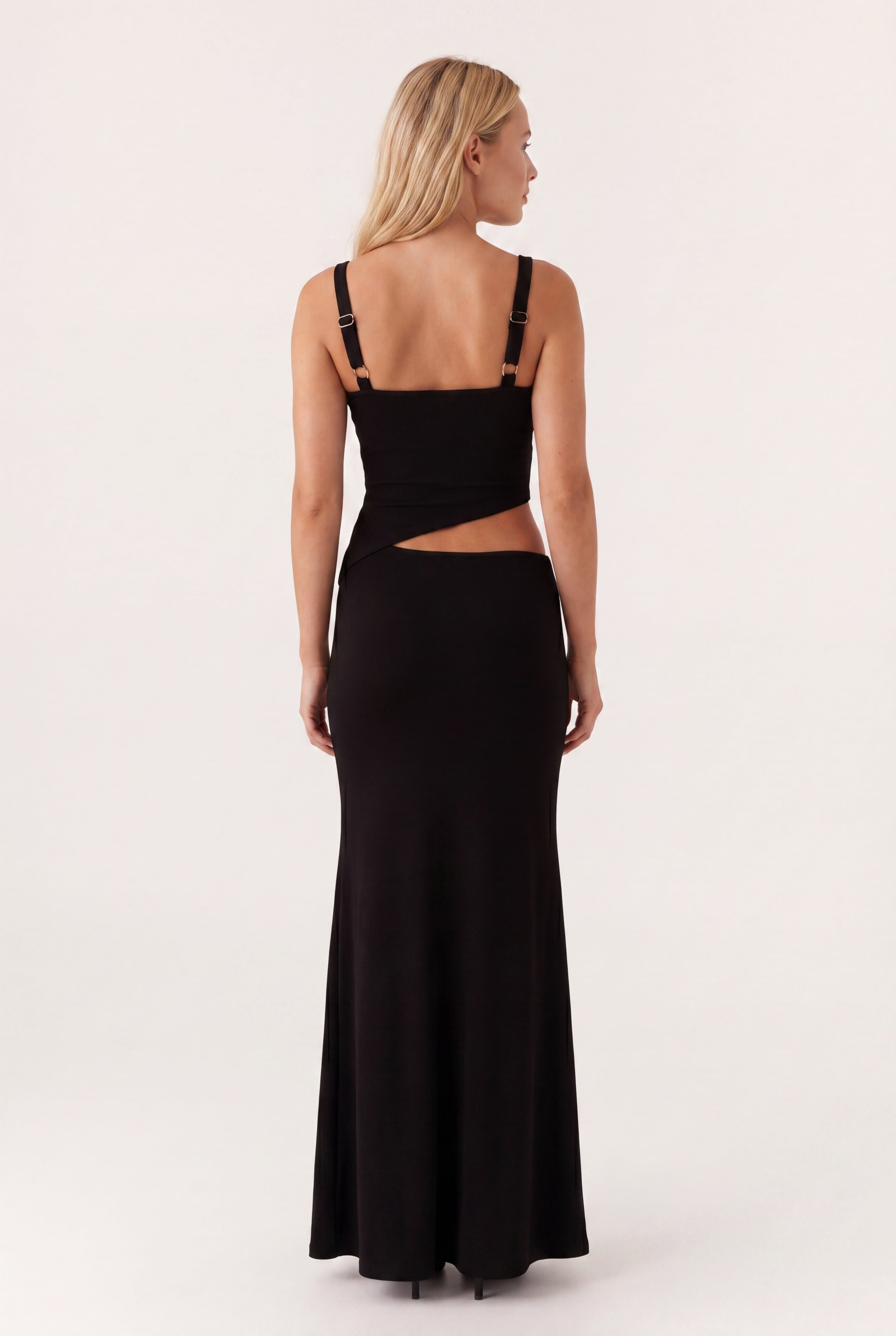Women's Elegant Maxi Dress with Waist Cutout and Thin Straps