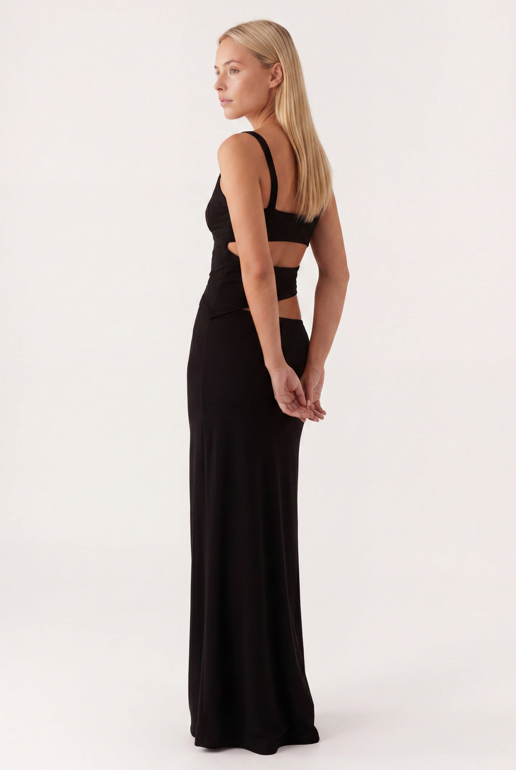 Women's Elegant Maxi Dress with Waist Cutout and Thin Straps