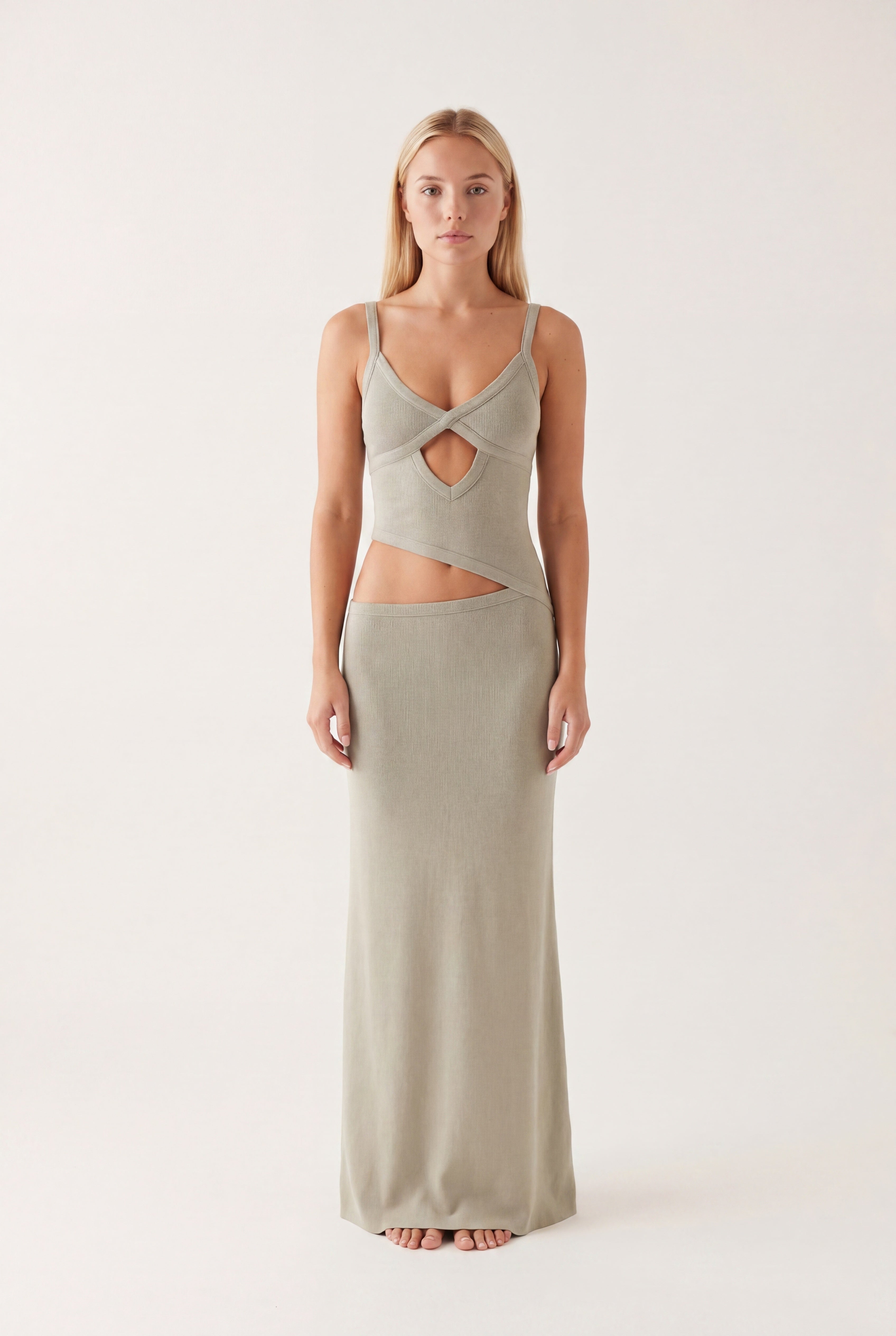 Women's Elegant Maxi Dress with Waist Cutout and Thin Straps