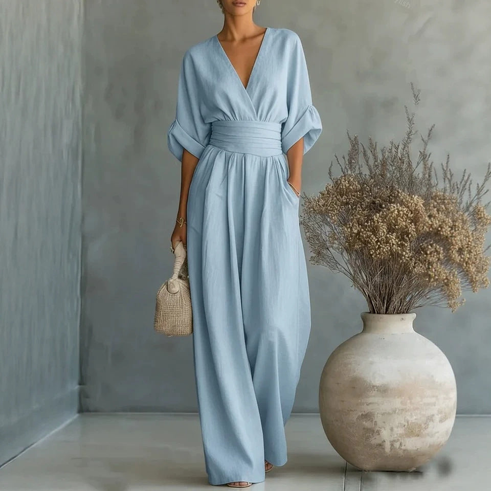 Women's Elegant V-Neck Wide-Leg Jumpsuit