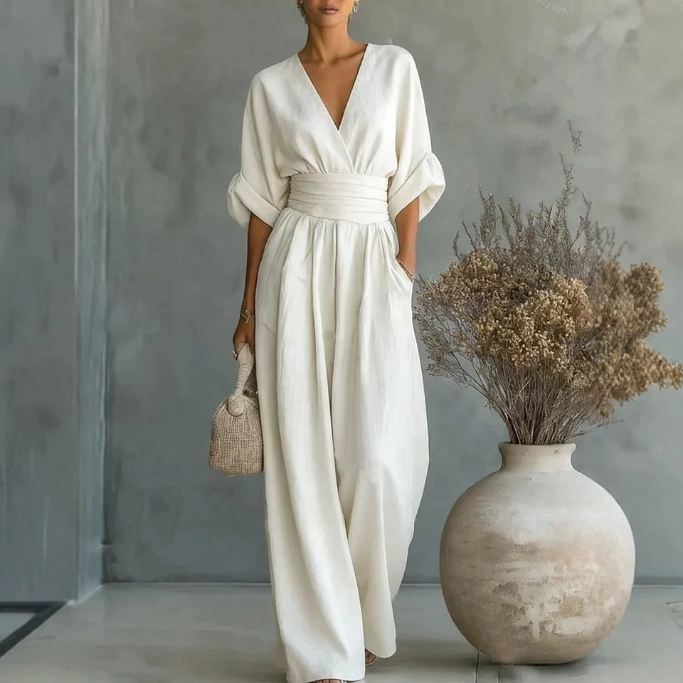 Women's Elegant V-Neck Wide-Leg Jumpsuit