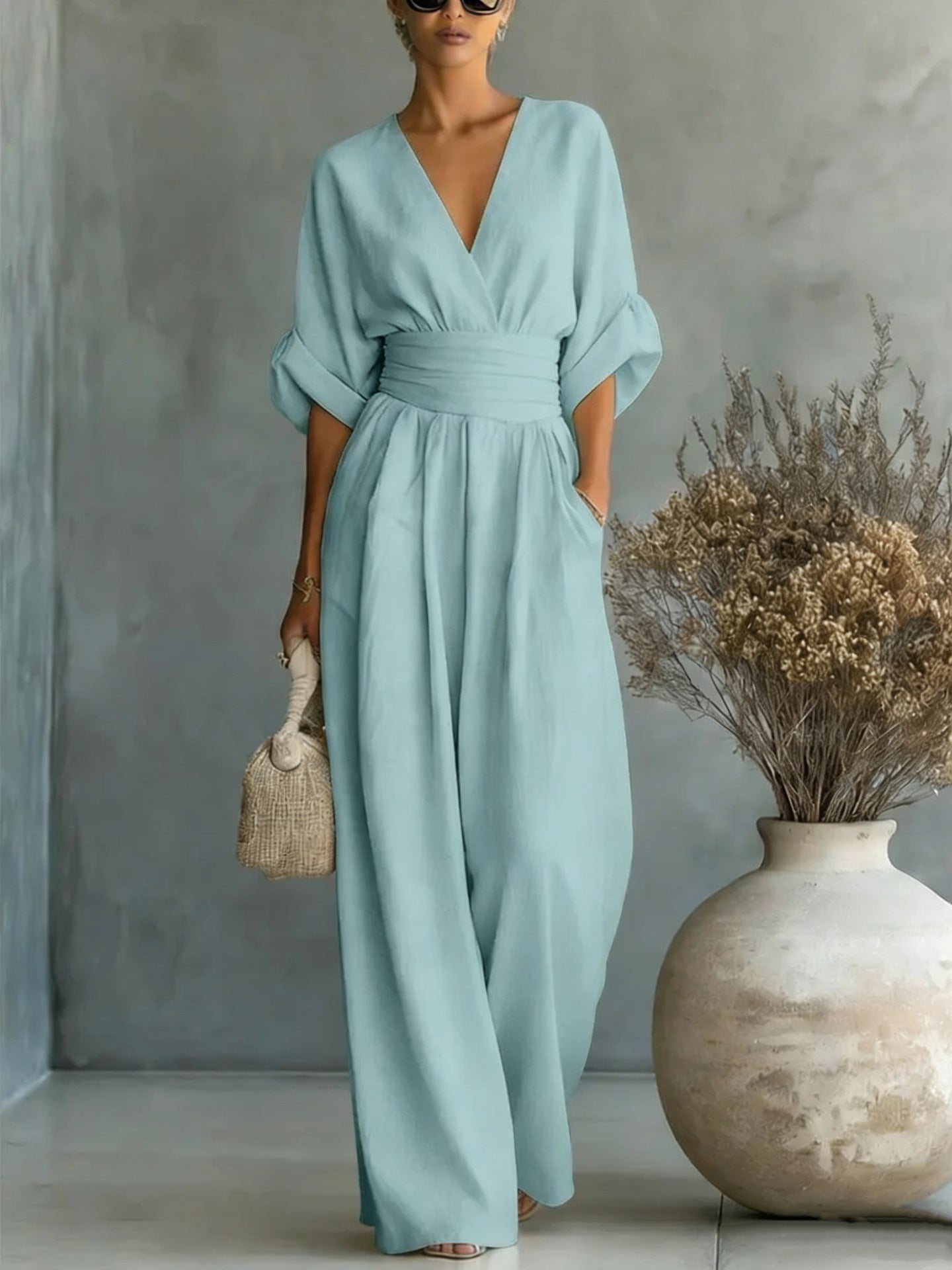 Women's Elegant V-Neck Wide-Leg Jumpsuit
