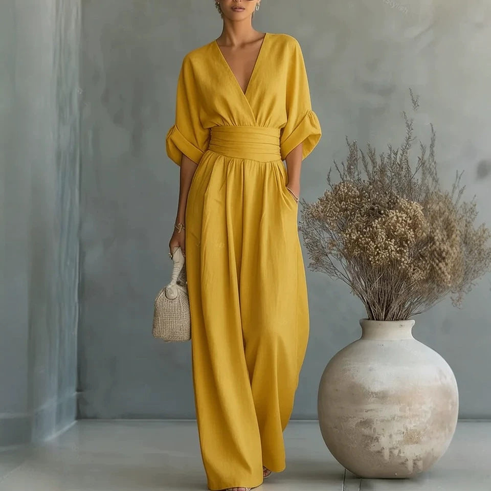 Women's Elegant V-Neck Wide-Leg Jumpsuit