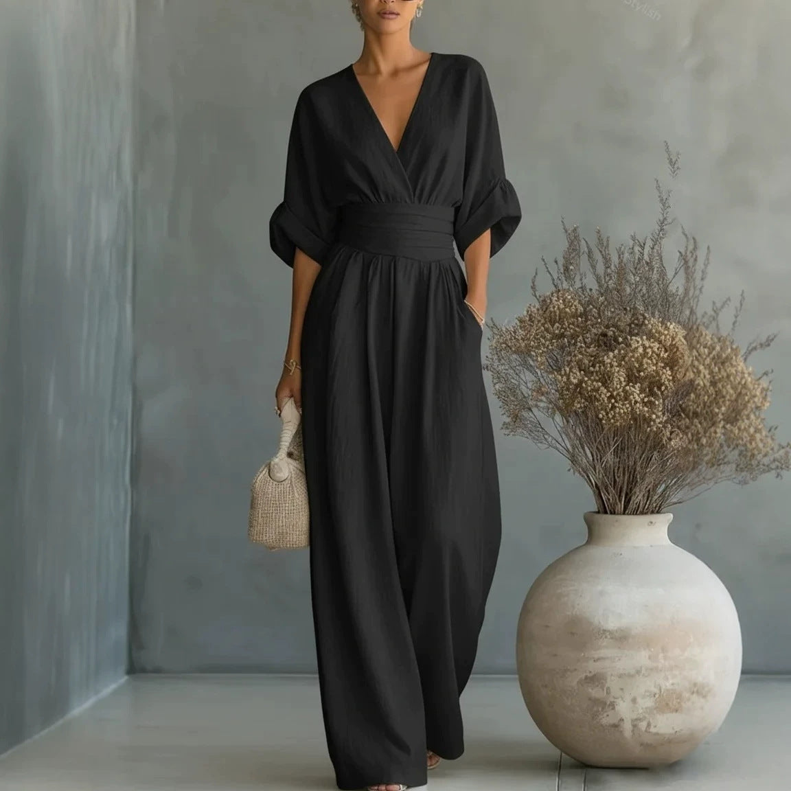 Women's Elegant V-Neck Wide-Leg Jumpsuit