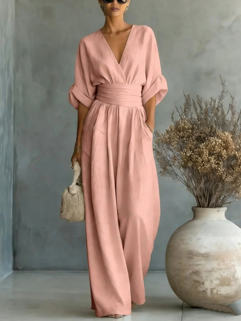 Women's Elegant V-Neck Wide-Leg Jumpsuit