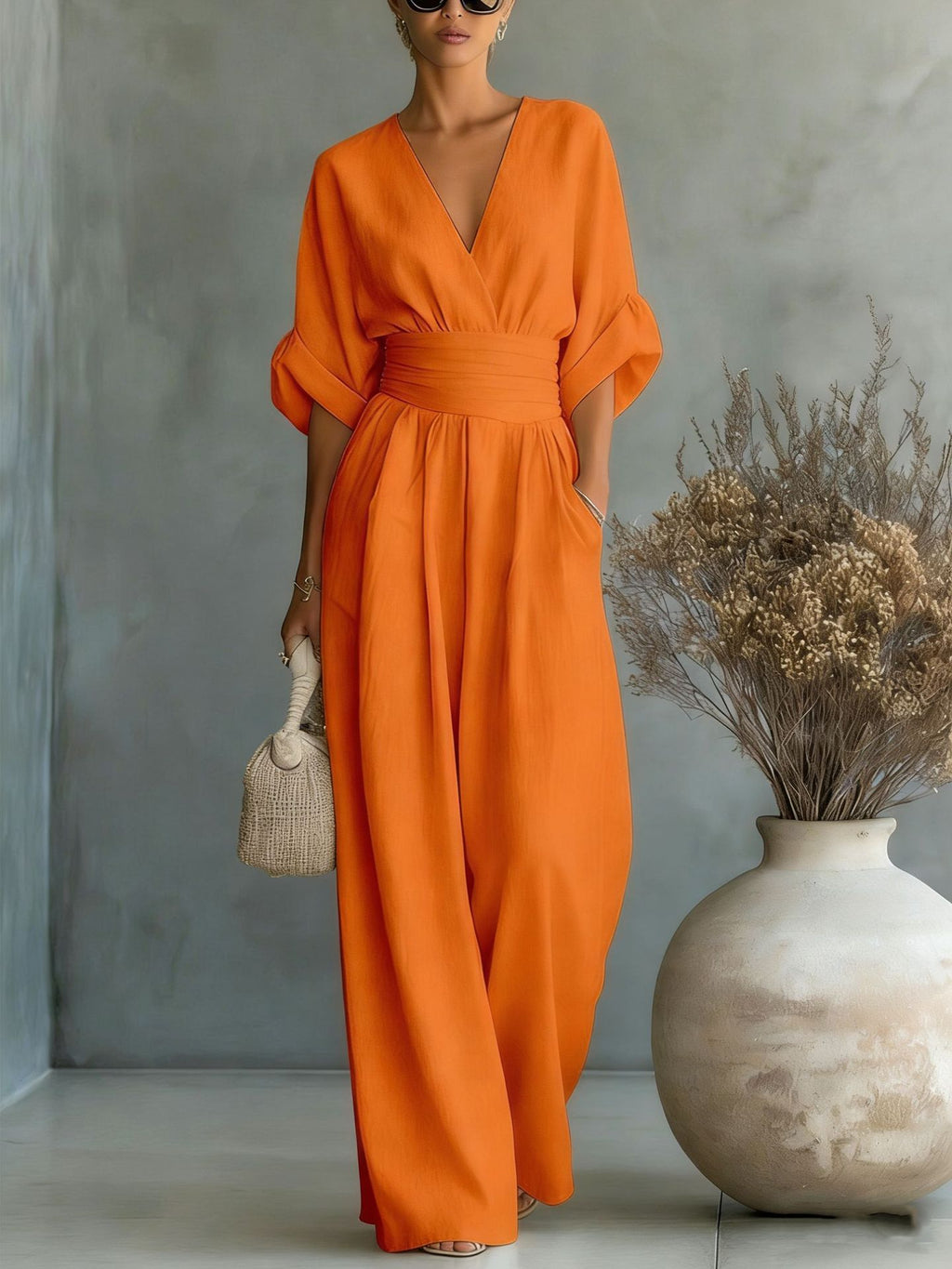 Women's Elegant V-Neck Wide-Leg Jumpsuit