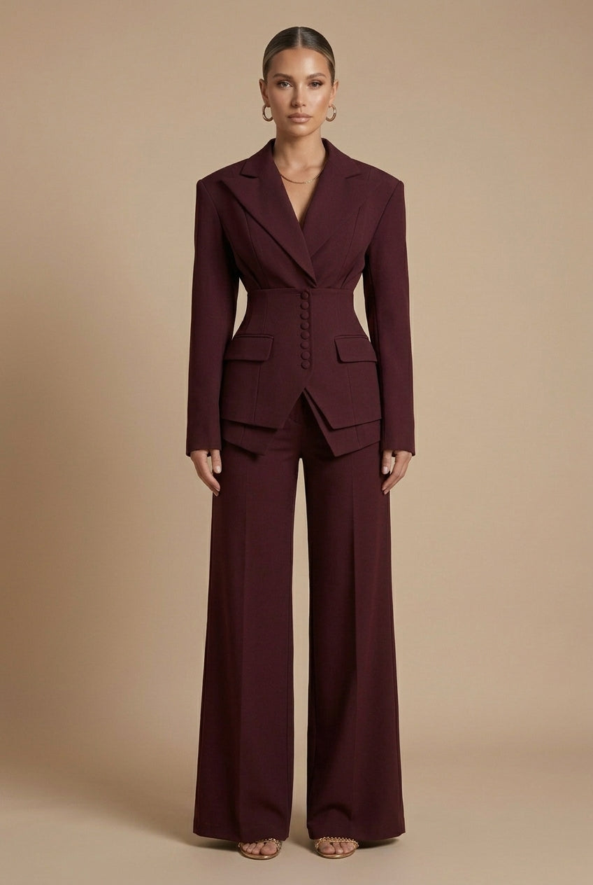 Women's Fitted Blazer and Wide-Leg Trousers Suit Set
