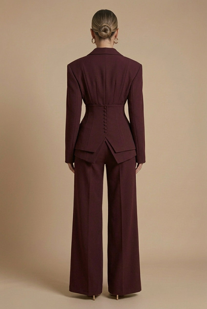 Women's Fitted Blazer and Wide-Leg Trousers Suit Set