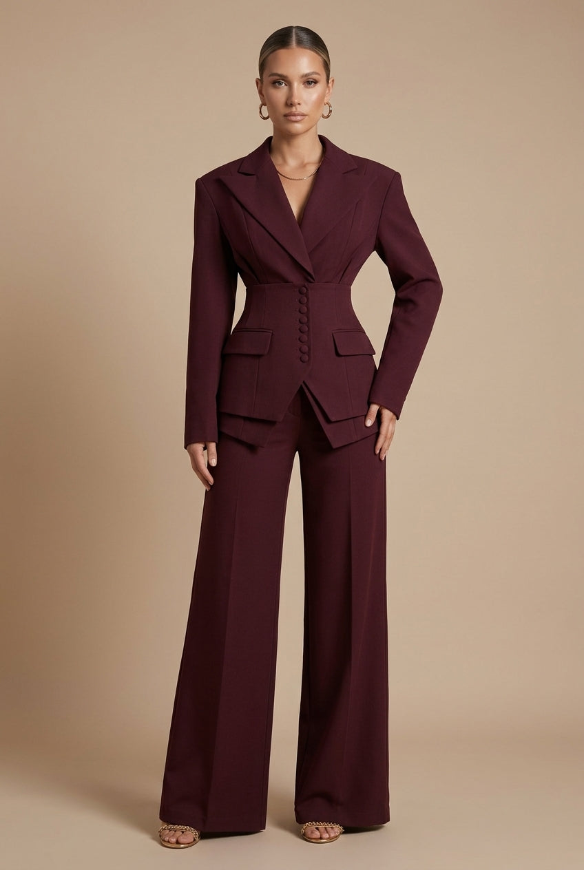 Women's Fitted Blazer and Wide-Leg Trousers Suit Set