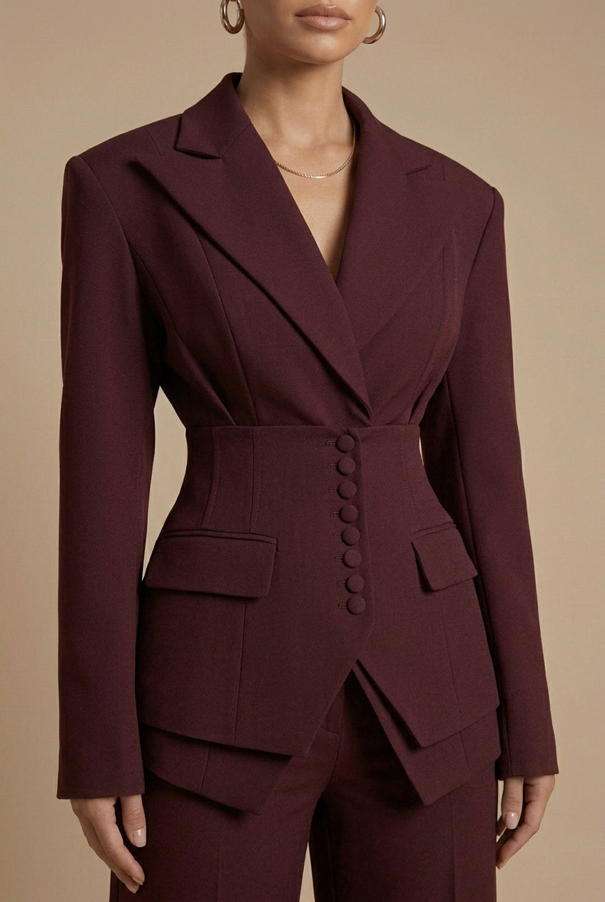 Women's Fitted Blazer and Wide-Leg Trousers Suit Set