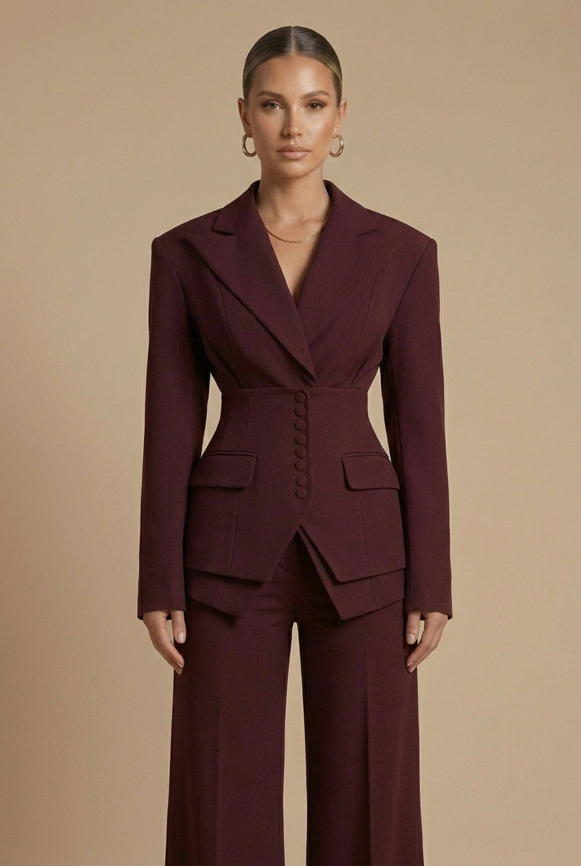 Women's Fitted Blazer and Wide-Leg Trousers Suit Set