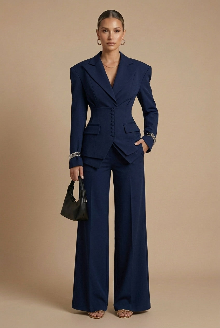 Women's Fitted Blazer and Wide-Leg Trousers Suit Set
