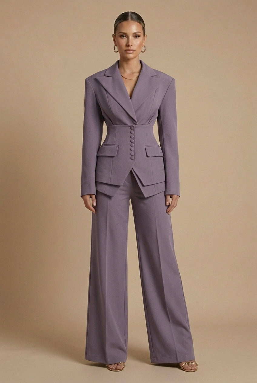 Women's Fitted Blazer and Wide-Leg Trousers Suit Set