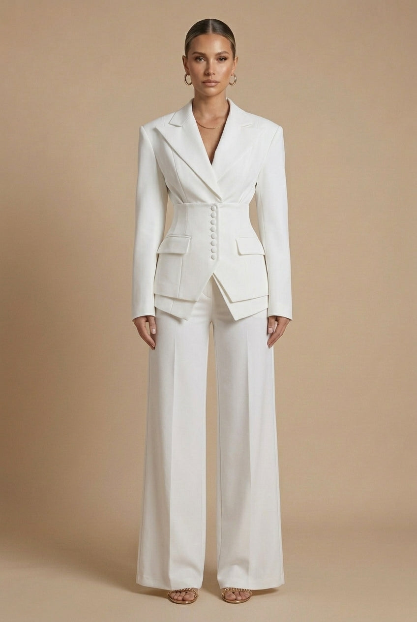 Women's Fitted Blazer and Wide-Leg Trousers Suit Set