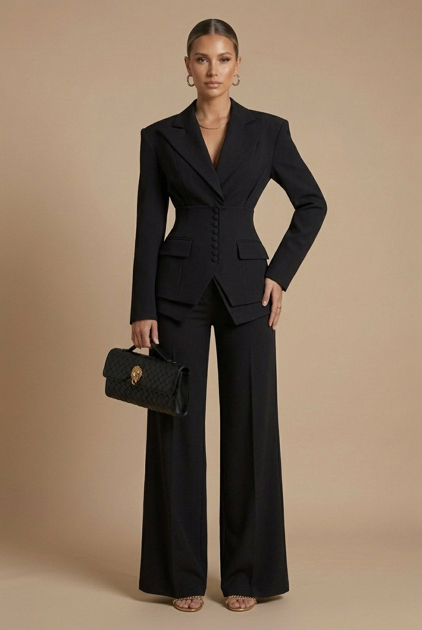 Women's Fitted Blazer and Wide-Leg Trousers Suit Set