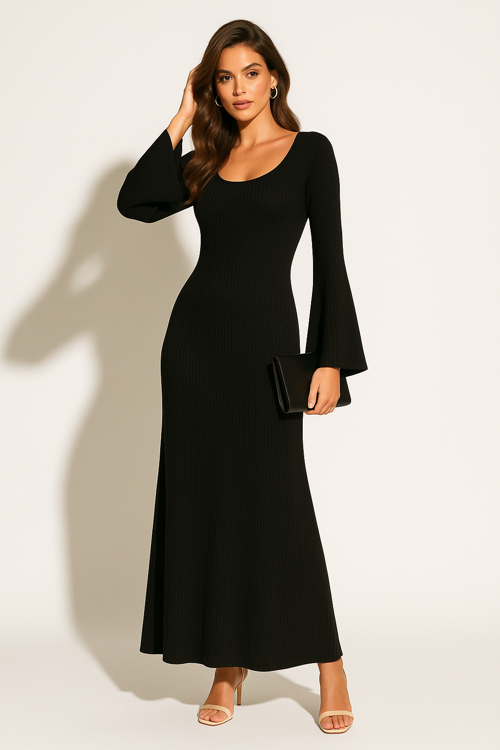 Women's Fitted Maxi Dress with Round Neck and Long Sleeves