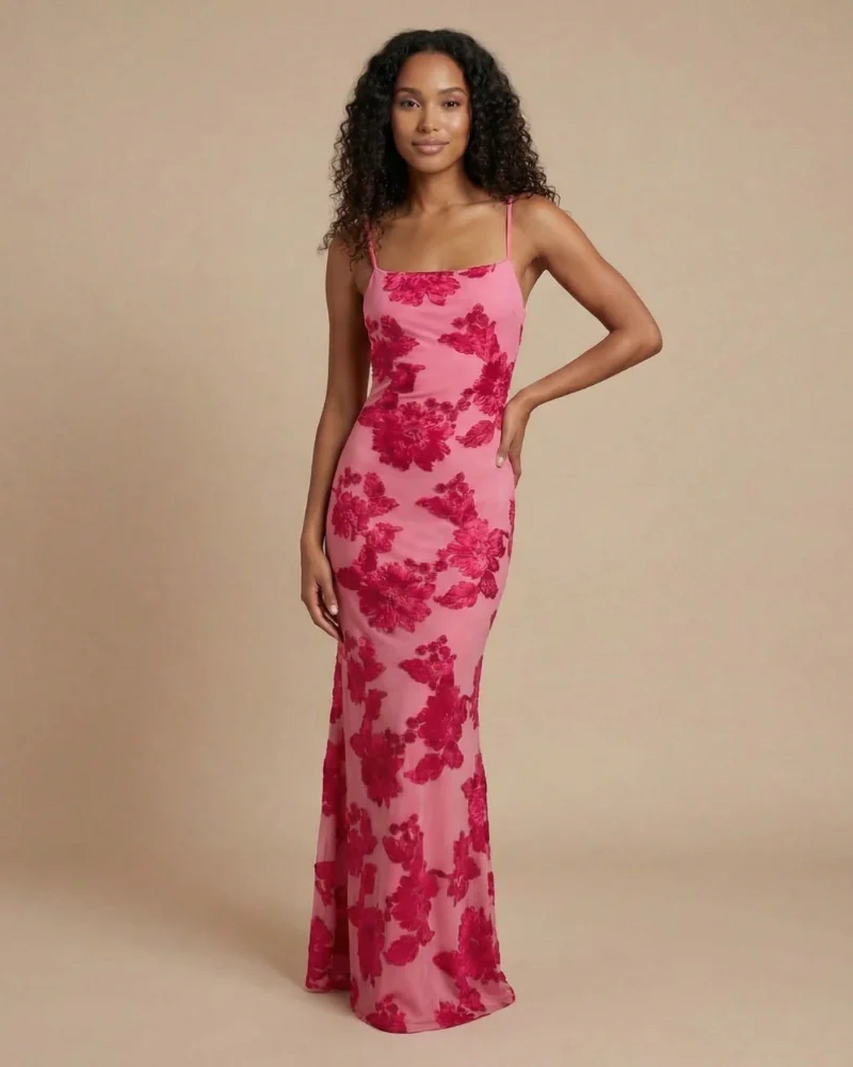 Women's Fitted Maxi Dress with Thin Straps for Formal Events