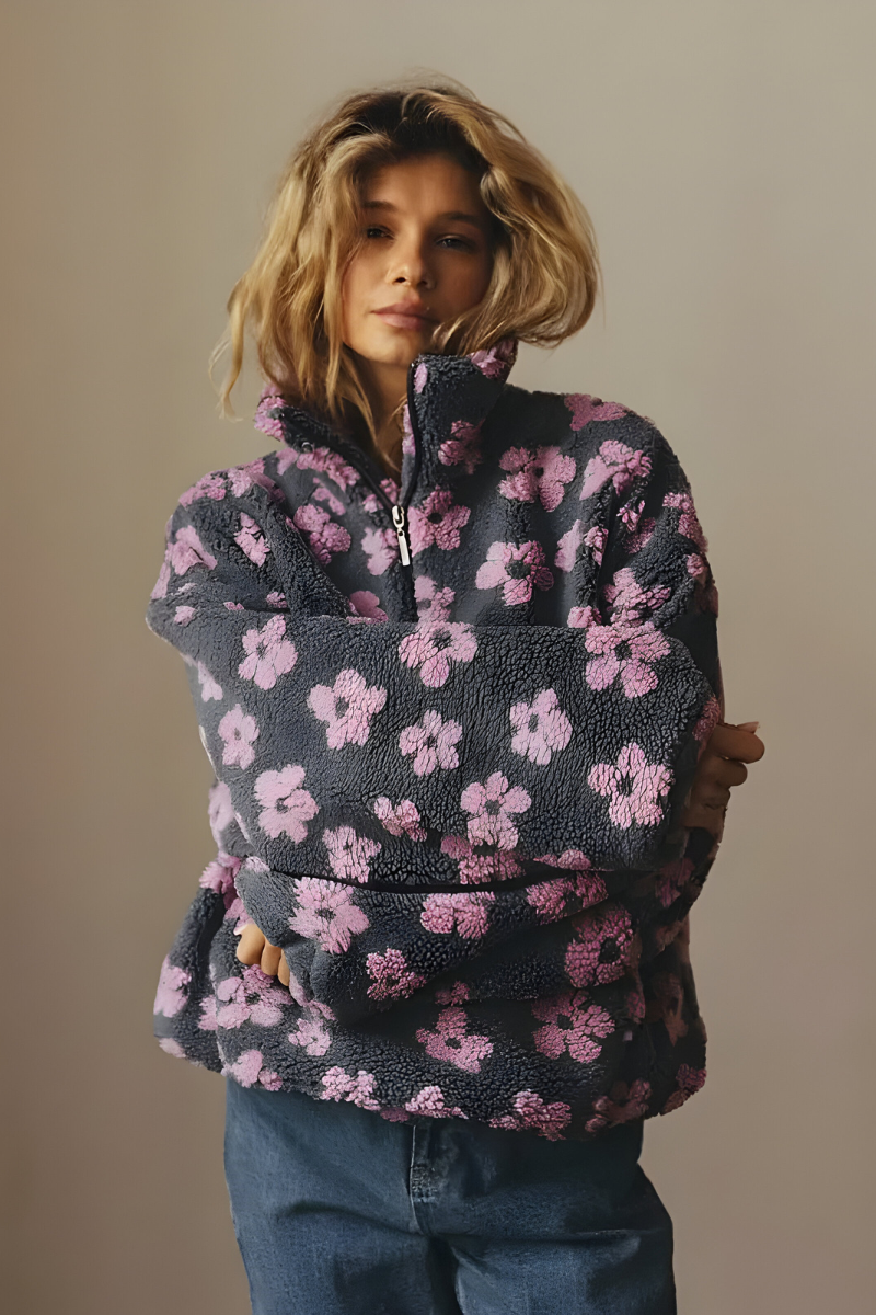 Women's Warm Quarter-zip Flower Sweater