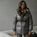 Women's Long Hooded Puffer Jacket With Belt