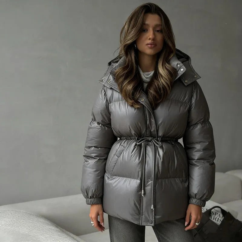 Women's Long Hooded Puffer Jacket With Belt