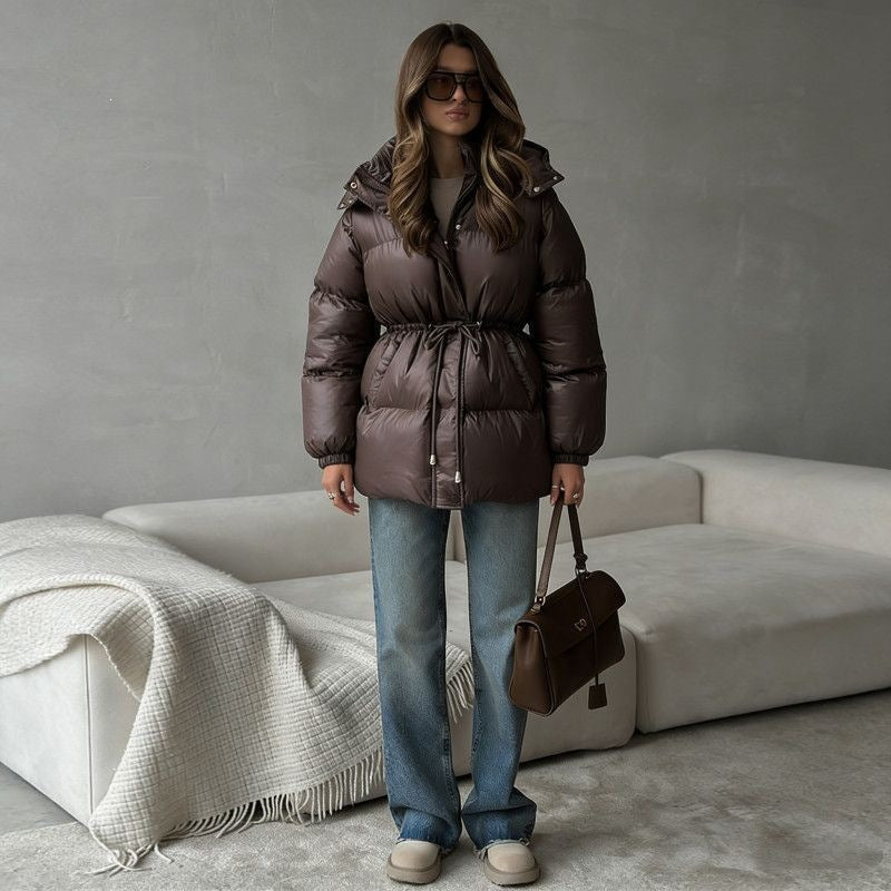 Women's Long Hooded Puffer Jacket With Belt